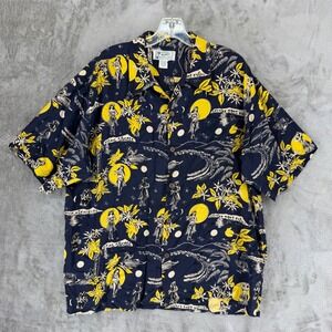 Avanti Silk Hawaiian Shirt Mens XL Hula Dancer Moon Tropical Navy Yellow XL